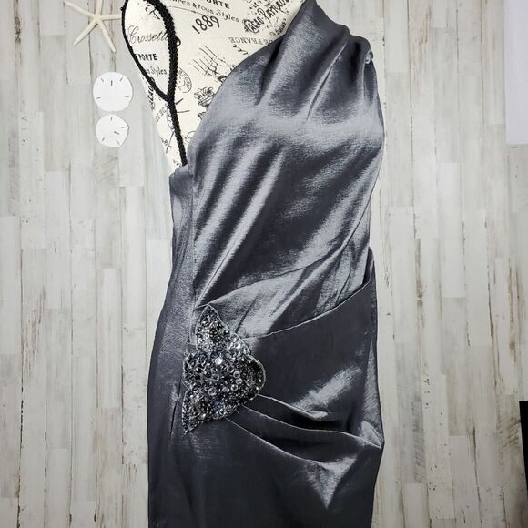 Bibian Ruched One Shoulder Embellished Dress Charcoal Size Large - Picture 1 of 12